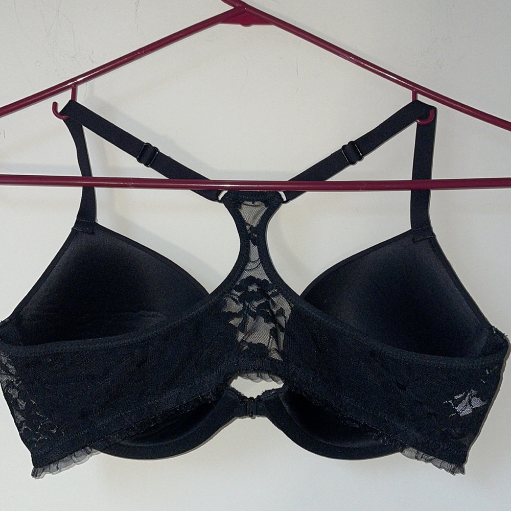 3/$15 DKNY bra black underwire size 34D adjustable T-back lace lined racerback - Picture 2 of 5